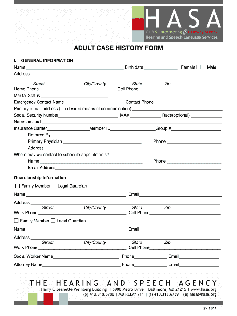 Adult Case History Form Date Completed Name Phone