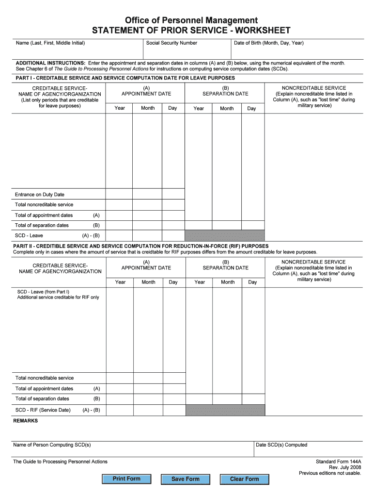 Office of Personnel Management STATEMENT of PRIOR  Form