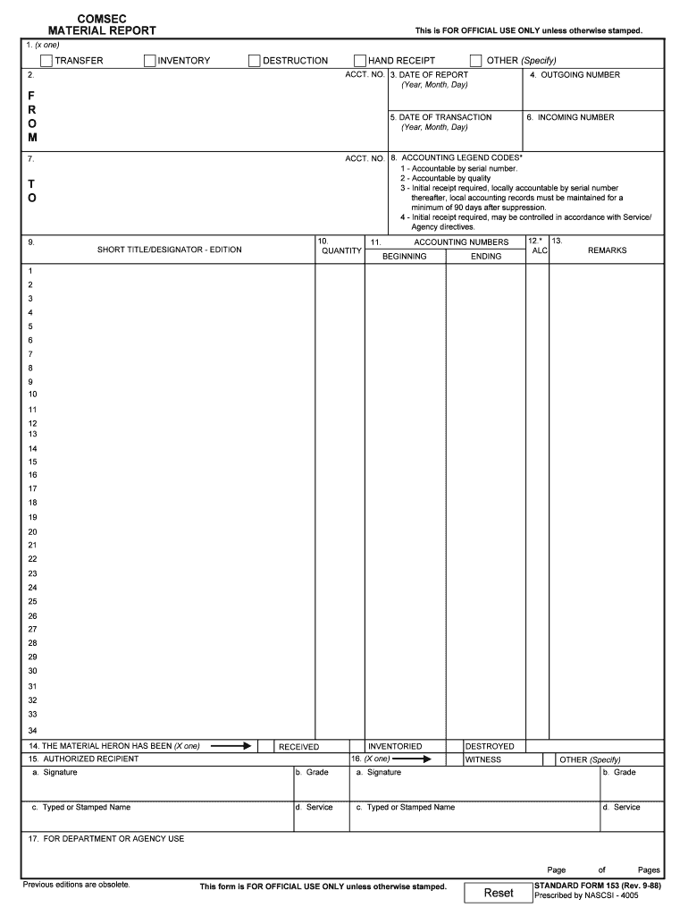 Standard Form 153, COMSEC Material Report, Revised September 1988