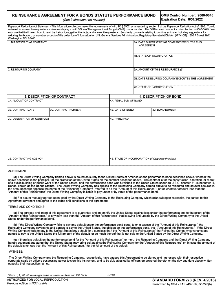 REINSURANCE AGREEMENT for a BONDS STATUTE PERFORMANCE BOND