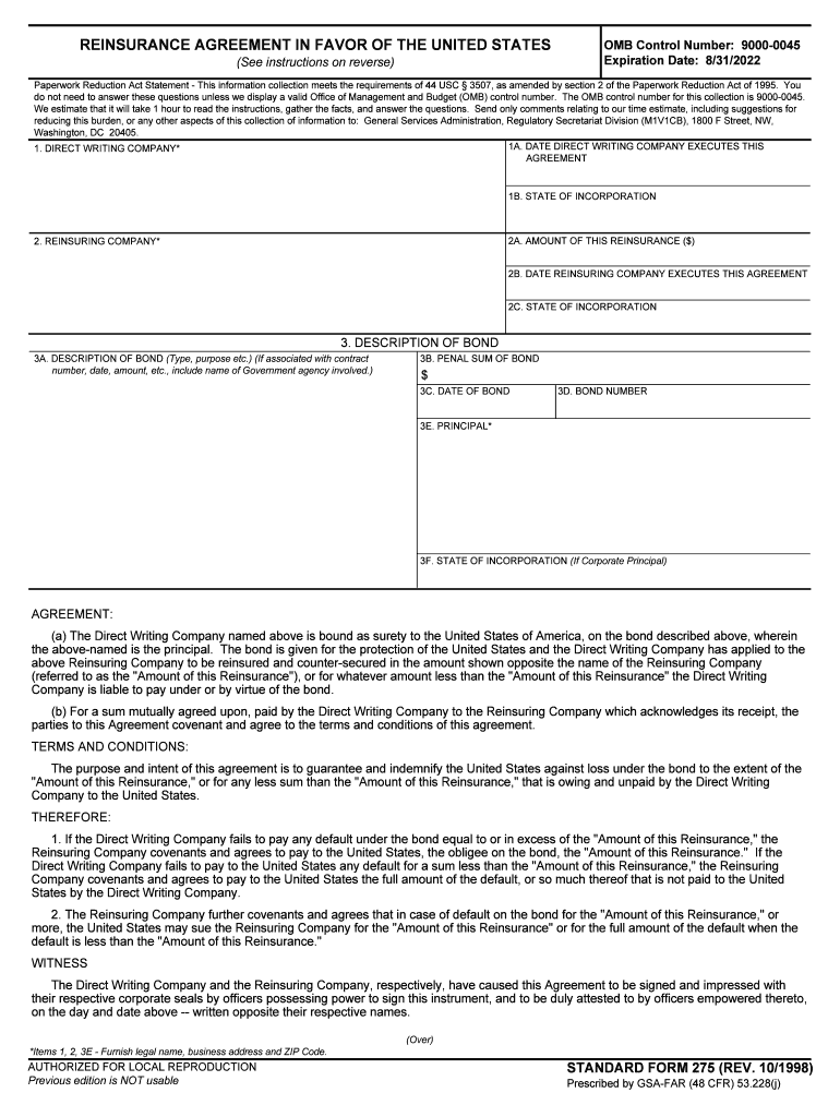 Standard Form 275  Reinsurance Agreement in    GSA Gov