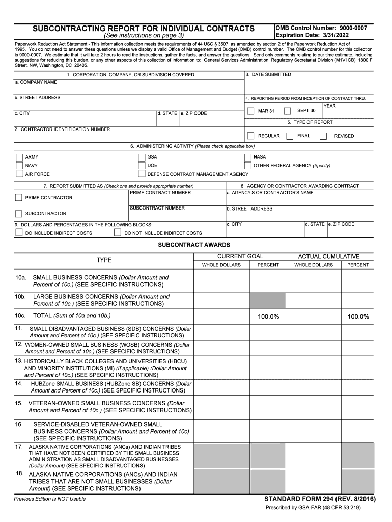 Subcontracting Report for Individual Contracts  GSA  Form