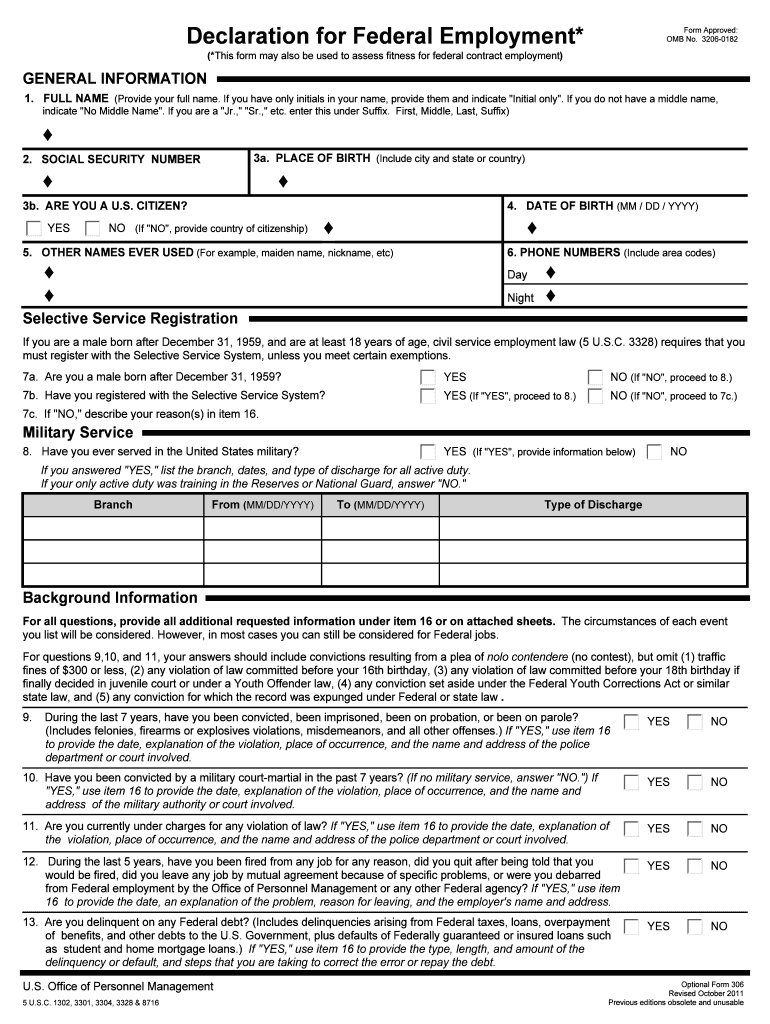 Of0306 1  Declaration for Federal Employment Form