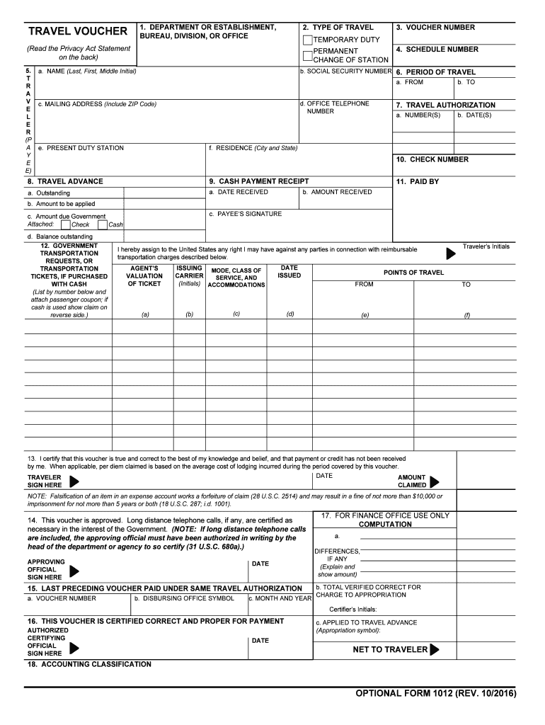 Optional Form 1012  Travel Voucher