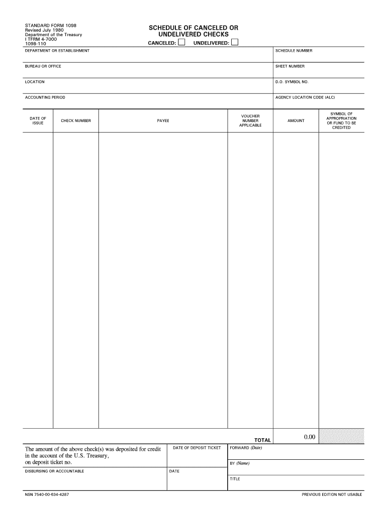 Standard Form 1098, Schedule of Canceled or Undelivered Checks, July 1980