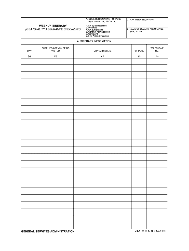 Weekly Itinerary Gsa Quality Assurance Specialist General  Form