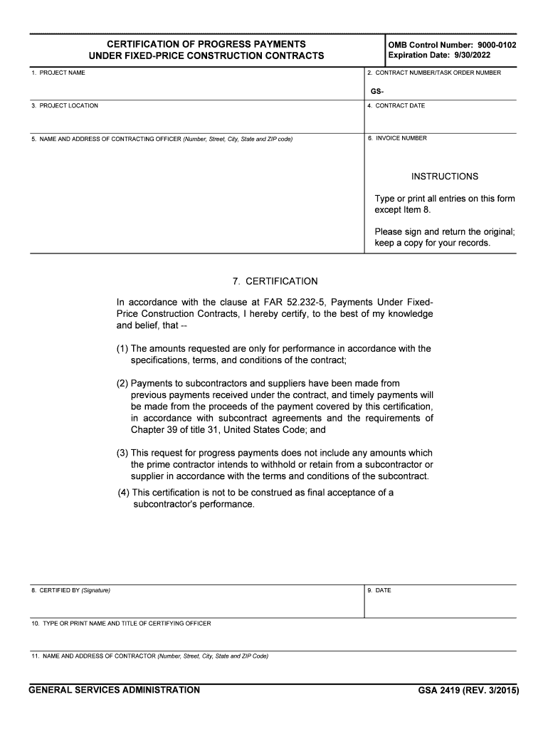 Certification of Progress Payments under Fixed Price    GSA  Form