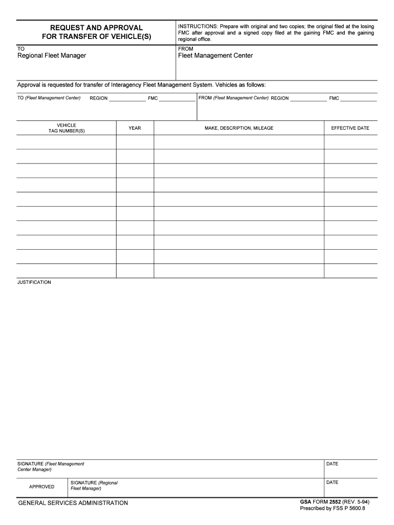 Request and Approval for Transfer of Vehicles  GSA Gov  Form