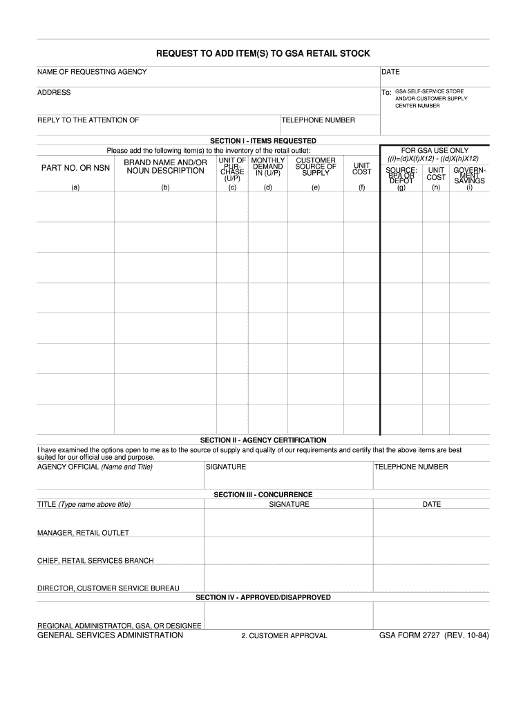 REQUEST to ADD ITEMS to GSA RETAIL STOCK  Form