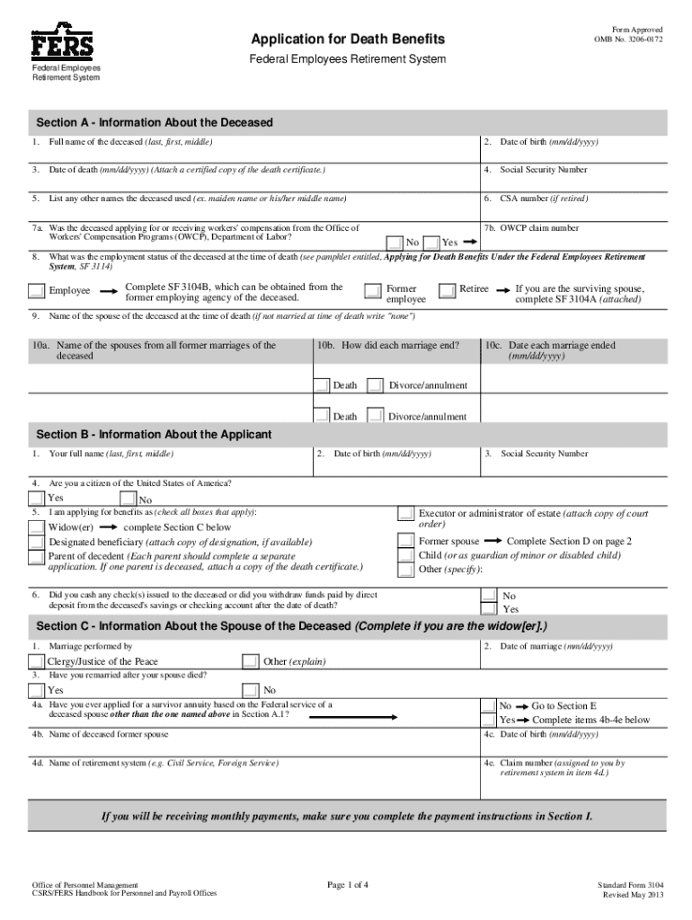  Application for Death Benefits FERS SF 3104Pdf Fpdf 2013-2024