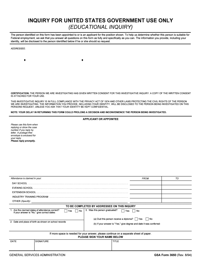 INQUIRY for UNITED STATES GOVERNMENT USE ONLY  Form