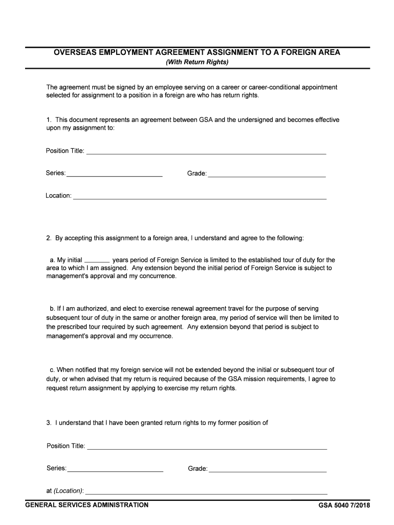 Overseas Employment Agreement Assignment to a    GSA  Form