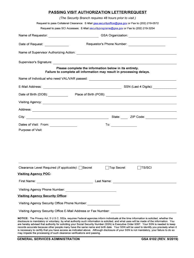 Passing Visit Authorization Letterrequest  GSA  Form