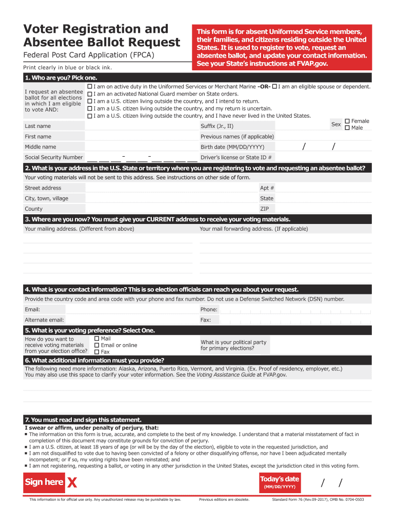 Federal Post Card Application FPCA Quick Reference  Form
