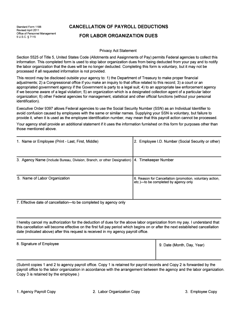 Fillable Online Opm for Labor Organization Dues Cancellation  Form