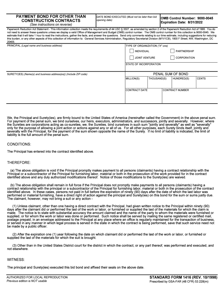 Standard Form 1416  Payment Bond for Other Than