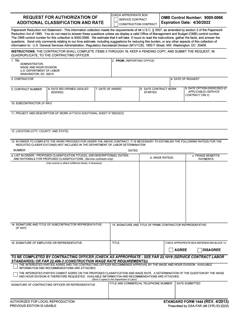 Sf 1444 Form Request for Authorization of Additional Classifica