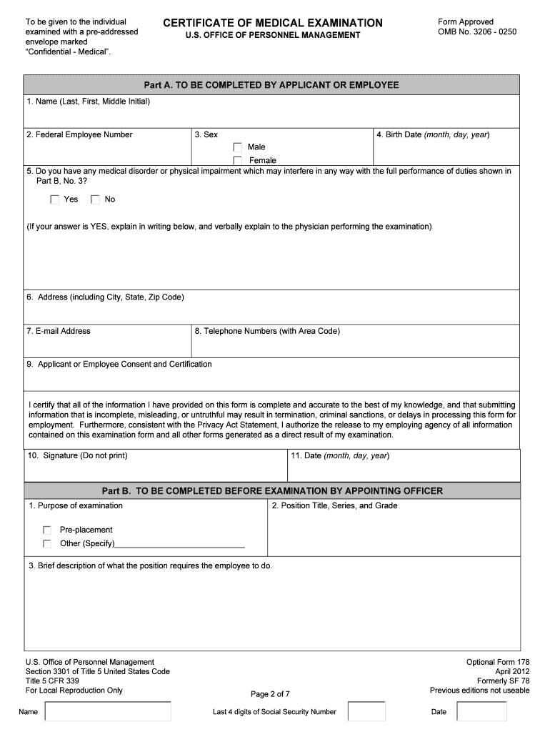 Certificate of Medical Examination, 3206 0250  Federal  Form