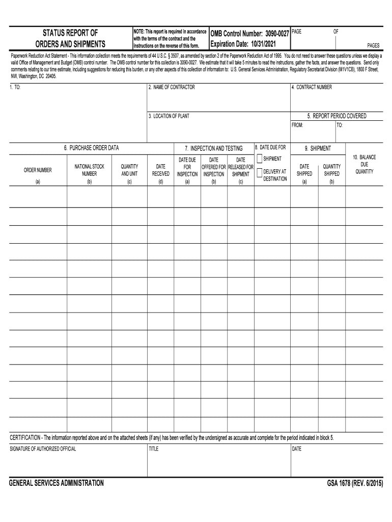 Status Report of Orders and Shipments  GSA  Form