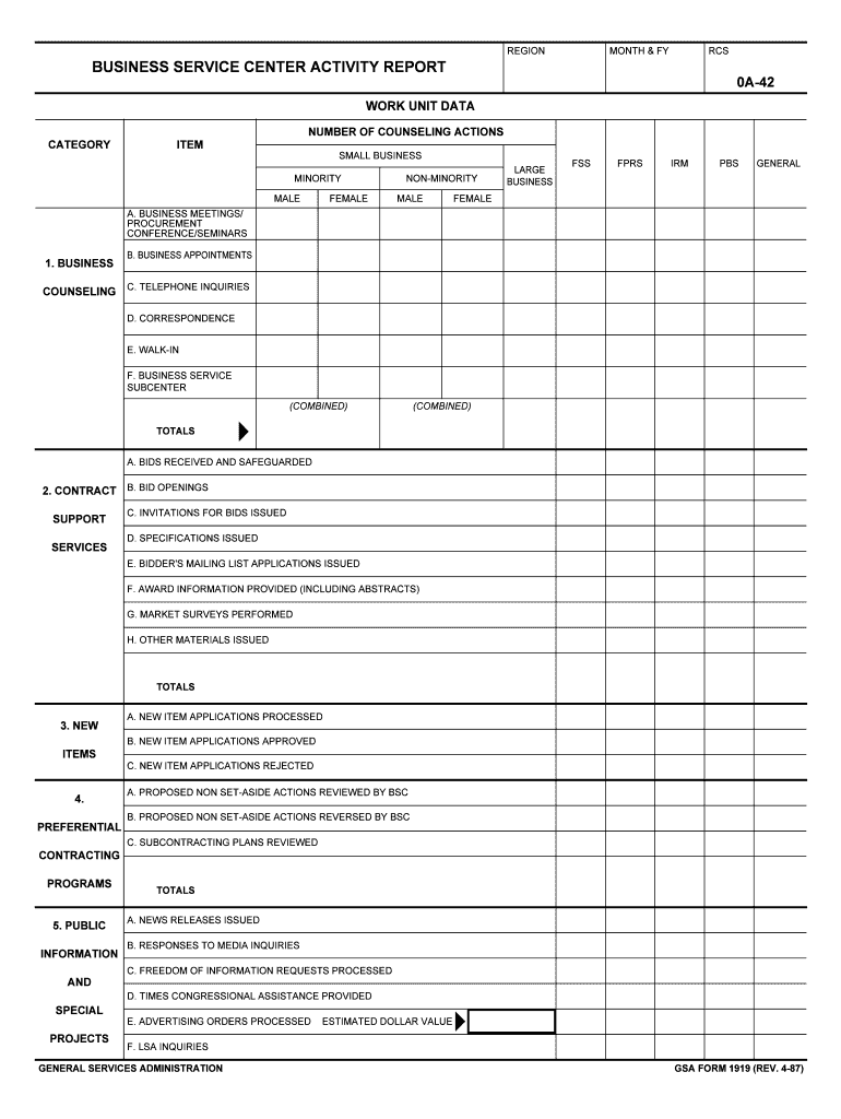 BUSINESS SERVICE CENTER ACTIVITY REPORT  Form