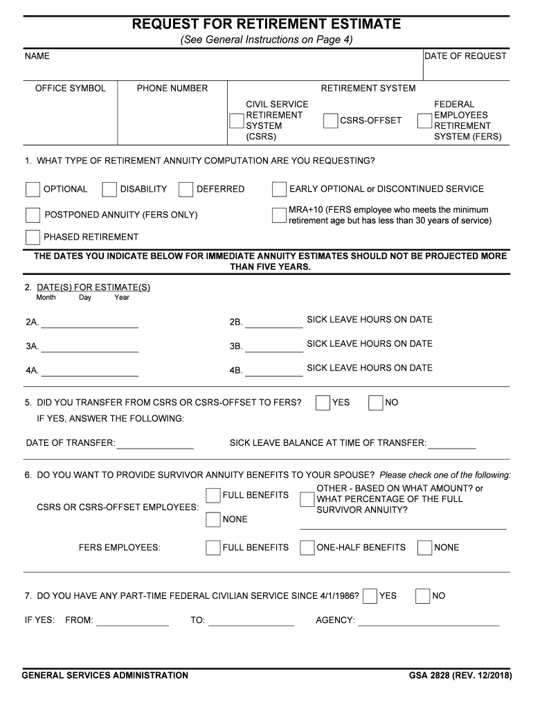 Request for Retirement Estimate GSA Gov  Form