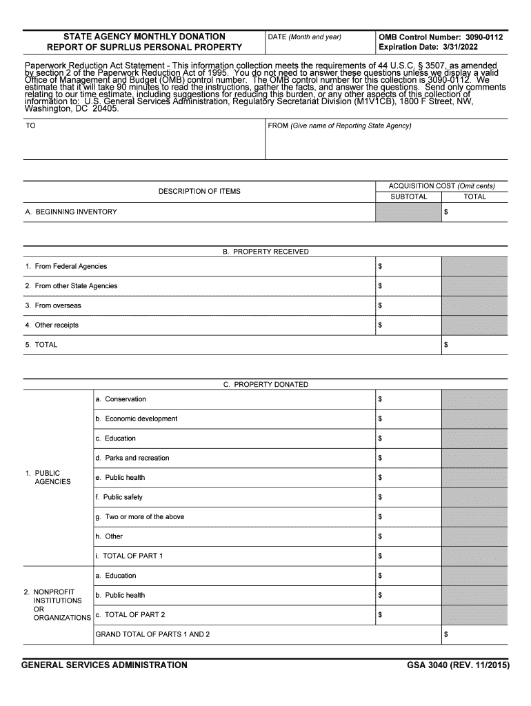 State Agency Monthly Donation Report of Surplus Personal Property GSA 3040  Form