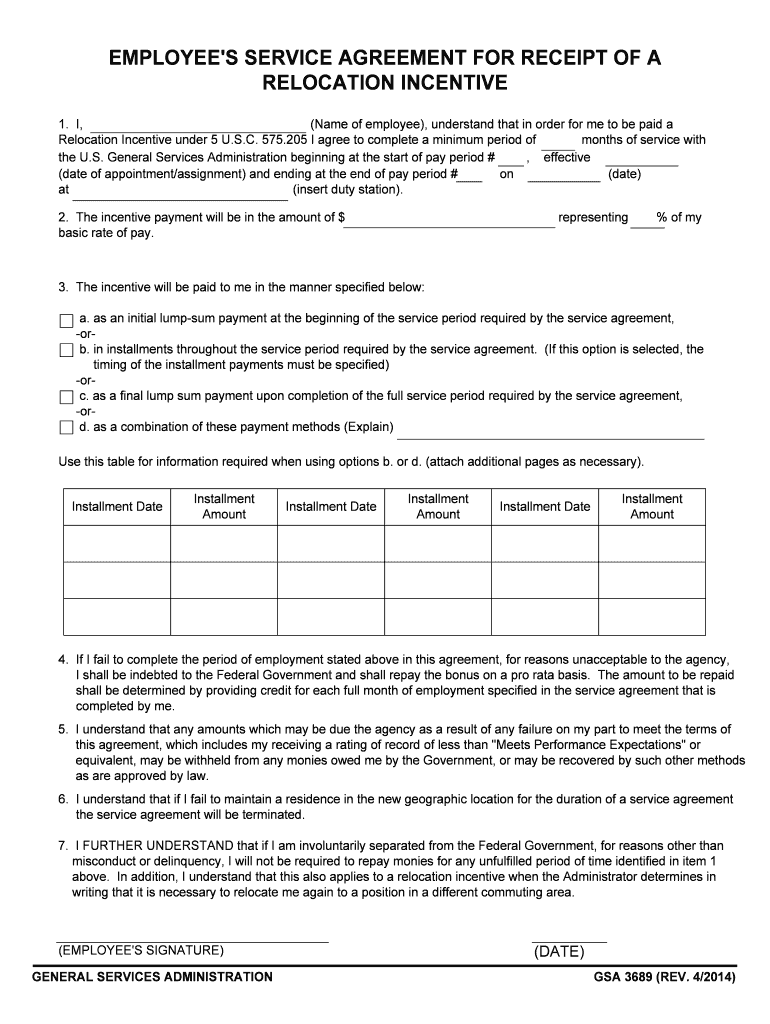 Employee's Service Agreement for Receipt of a Relocation    GSA  Form