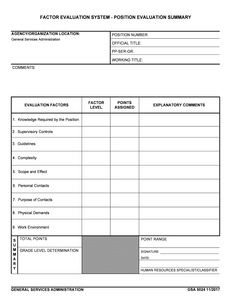 FACTOR EVALUATION SYSTEM  POSITION EVALUATION SUMMARY  Form