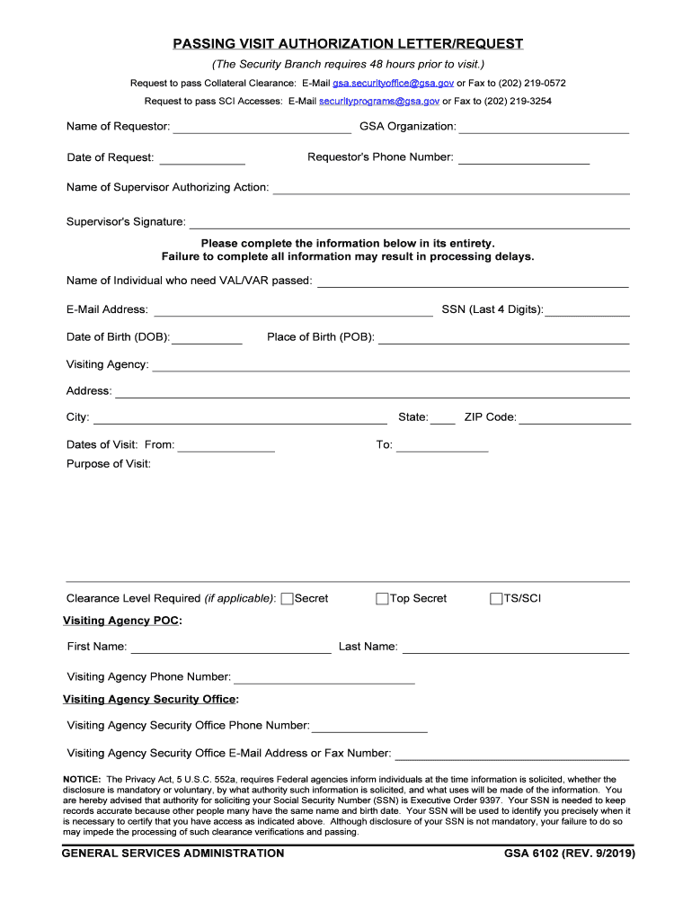 GSA 6102  Passing Visit Authorization LetterRequest  Form