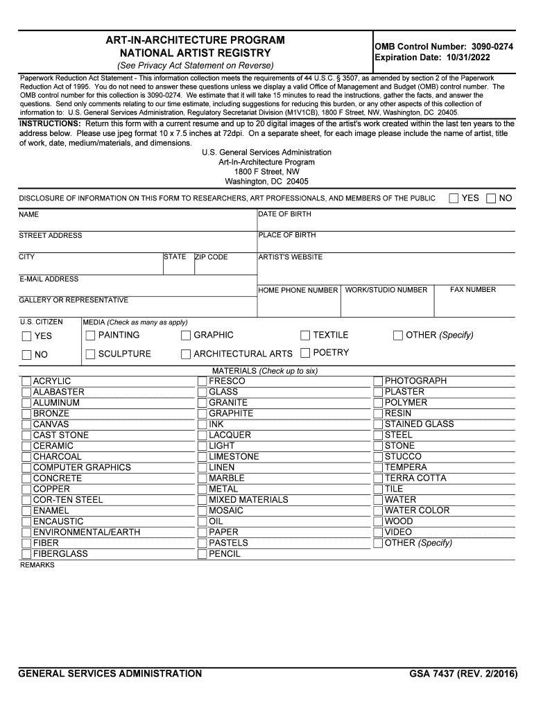 GSA 7437  Art in Architecture Program National Artist Registry  Form