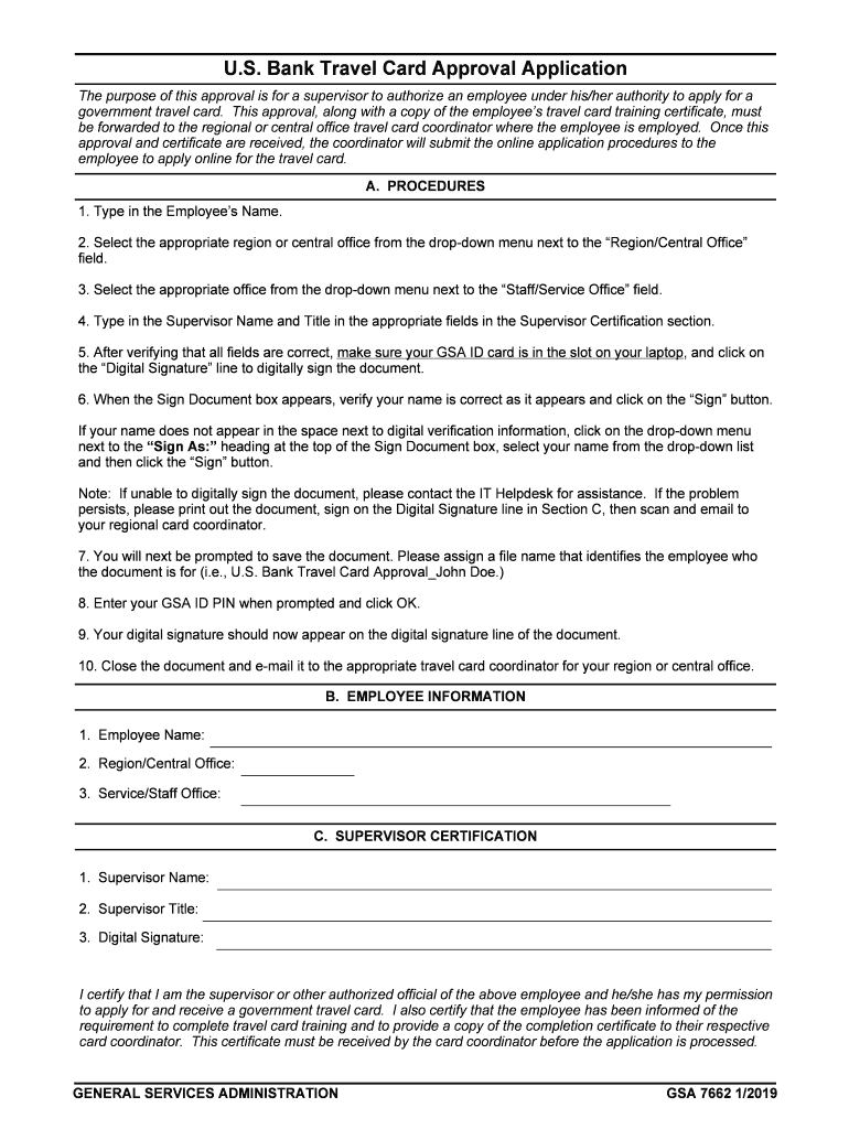  GSA Form 7662 U S Bank Travel Card Approval Application 2019