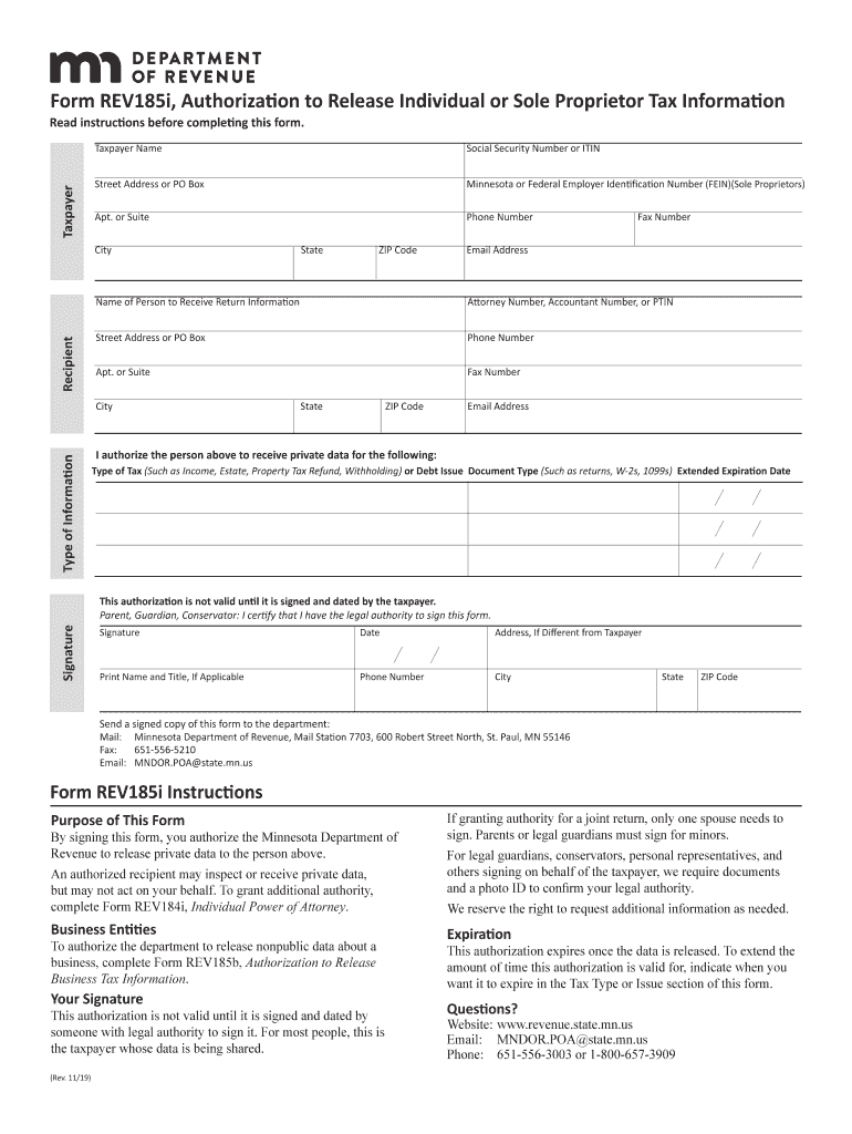 REV185i, Authorization to Release Individual or Sole Proprietor Tax Information