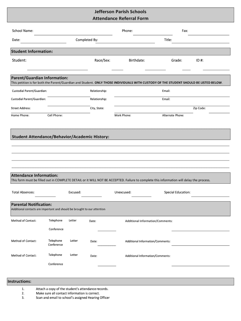 Jefferson Parish Schools Attendance Referral Form