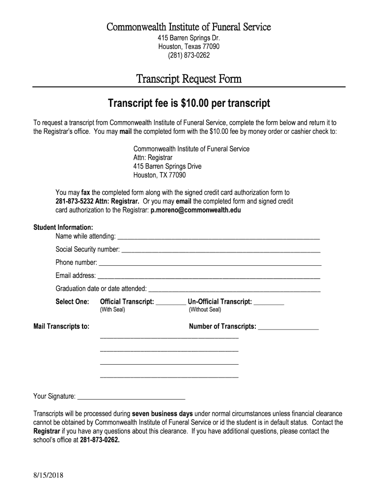Transcript RequestCommonwealth Institute of Funeral  Form