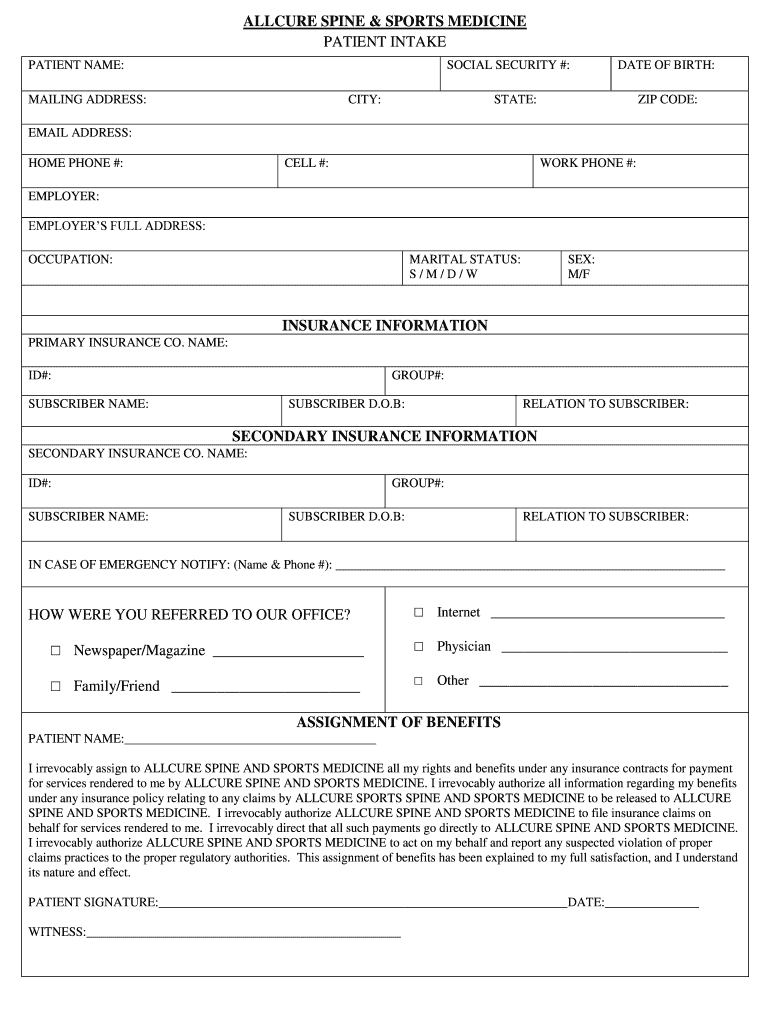  Allcure Spine & Sports Medicine Patient Intake Insurance 2019-2024