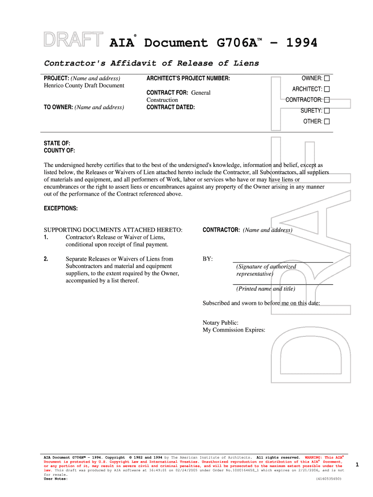 G706A Contractor&#039;s Affidavit of Release of LiensAIA  Form