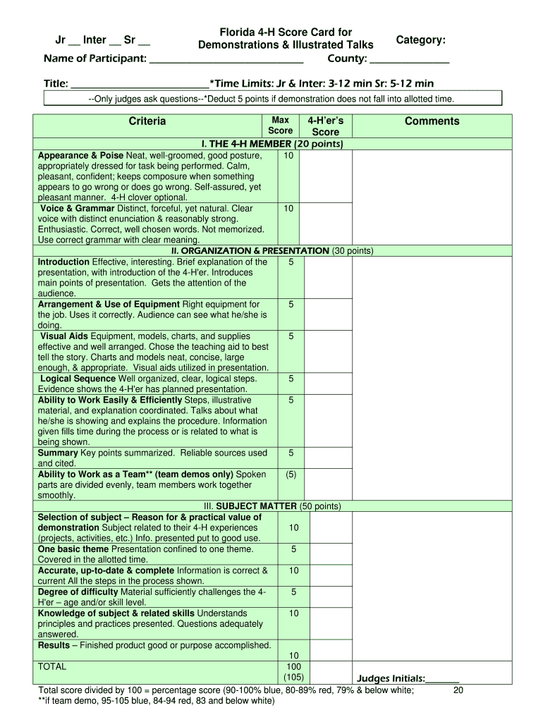 Demonstration and Illustrated Talks Score Sheet Florida 4 H  Form