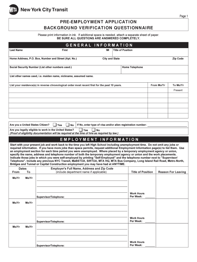  Pre Employment Background Sheet 2019