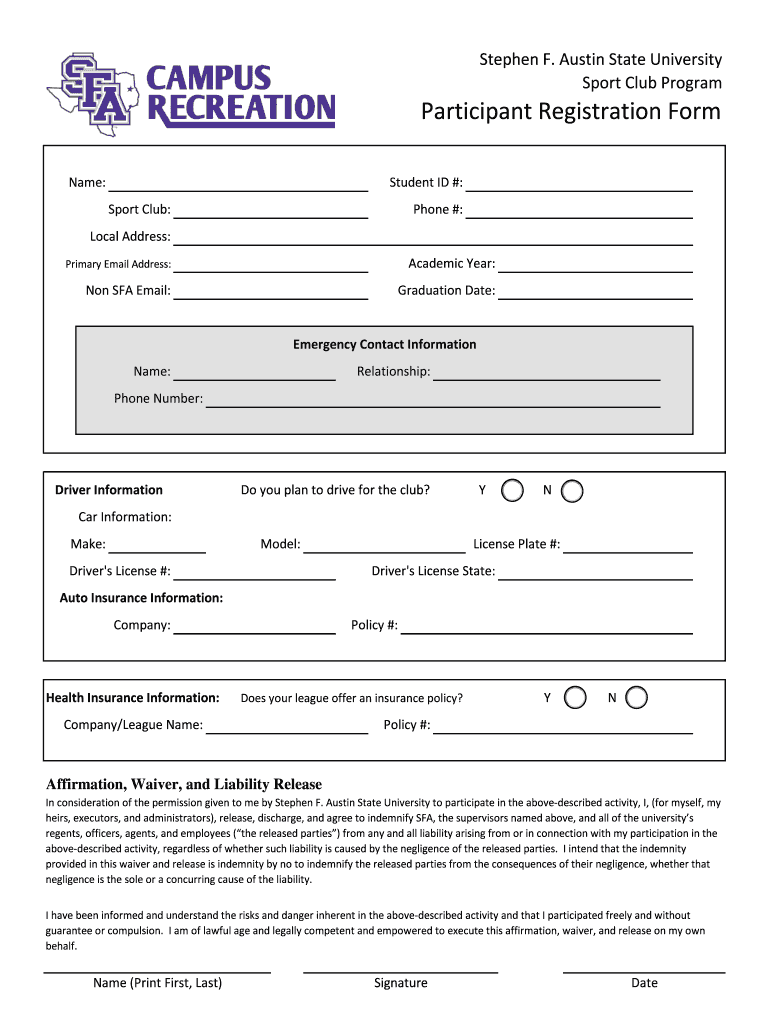 Participant Registration Form Stephen F Austin State