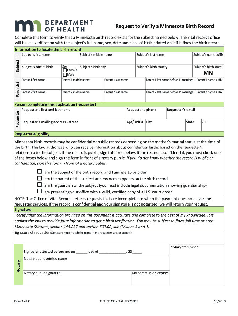  Request to Verify a Minnesota Birth Record Confirmation of Minnesota Birth 2019