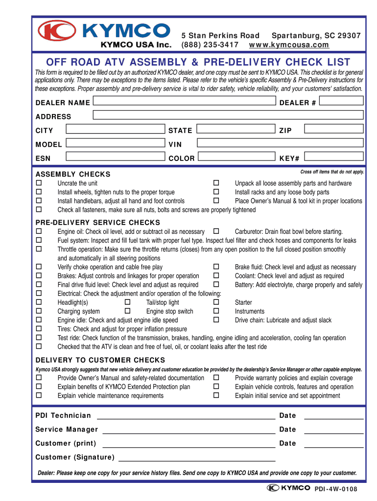 Off Road Atv Assembly &amp;amp; Pre Delivery Check List Kymco  Form