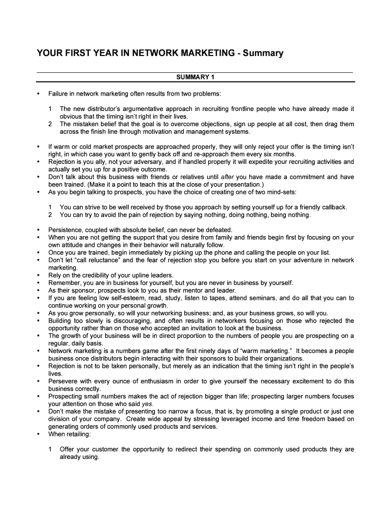 Your First Year in Network Marketing Summary of Chapter 2  Form