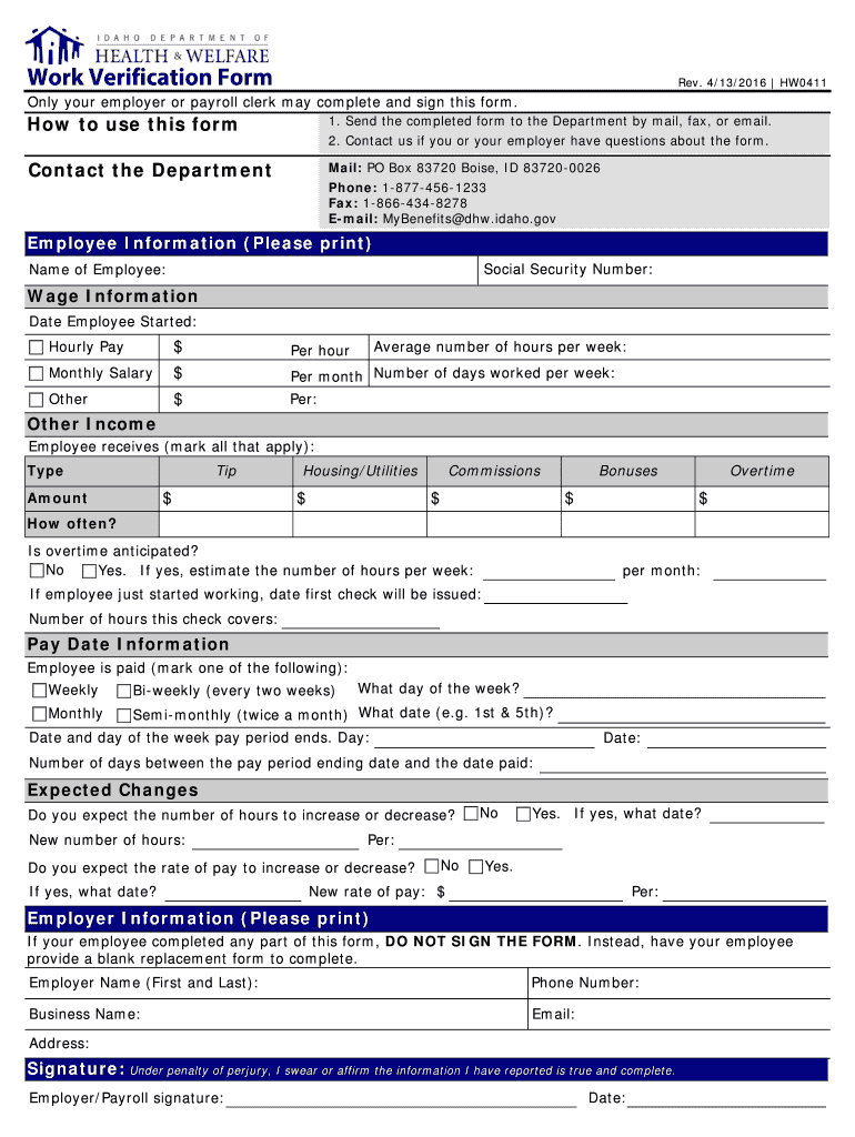 Idaho Form Work Verification 2016-2023