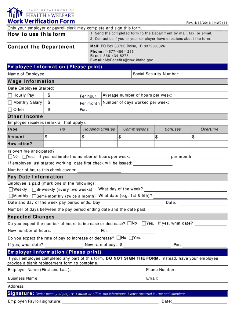  Idaho Form Work Verification 2016-2024