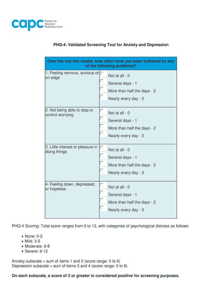 Phq 4 the Four Item Patient Health Questionnaire for Anxiety  Form