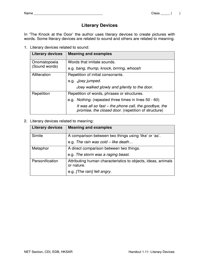 Poetic Devices Worksheet 1 Answer Key  Form