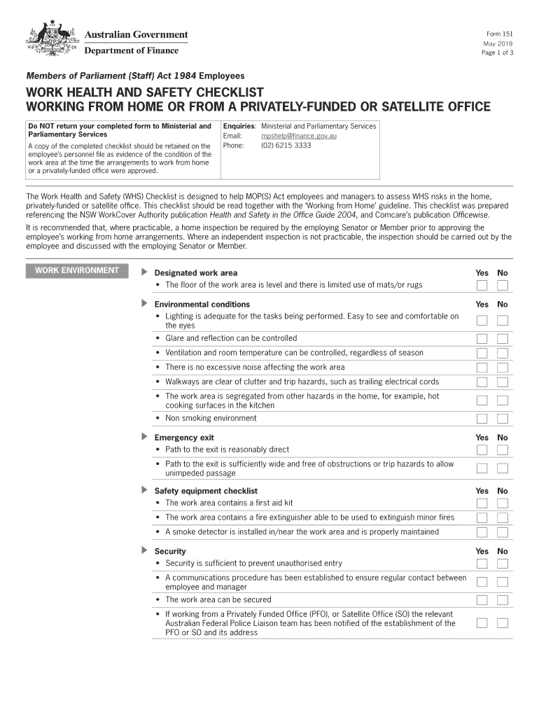 Form 151 WORK HEALTH and SAFETY CHECKLIST WORKING