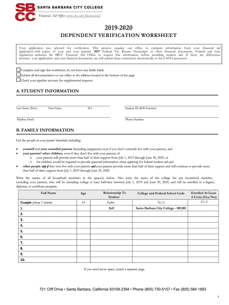  SBCC Dependent Verification Worksheet 2017