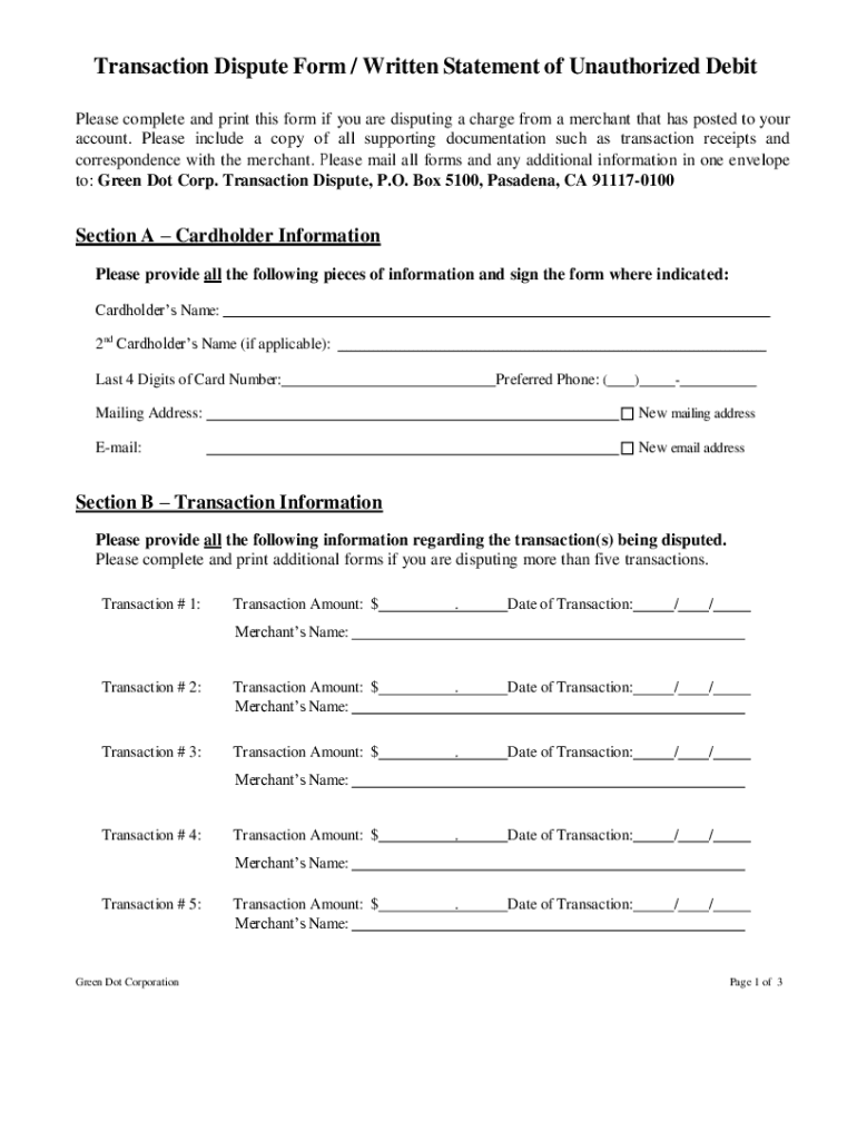 Green Dot Dispute Form