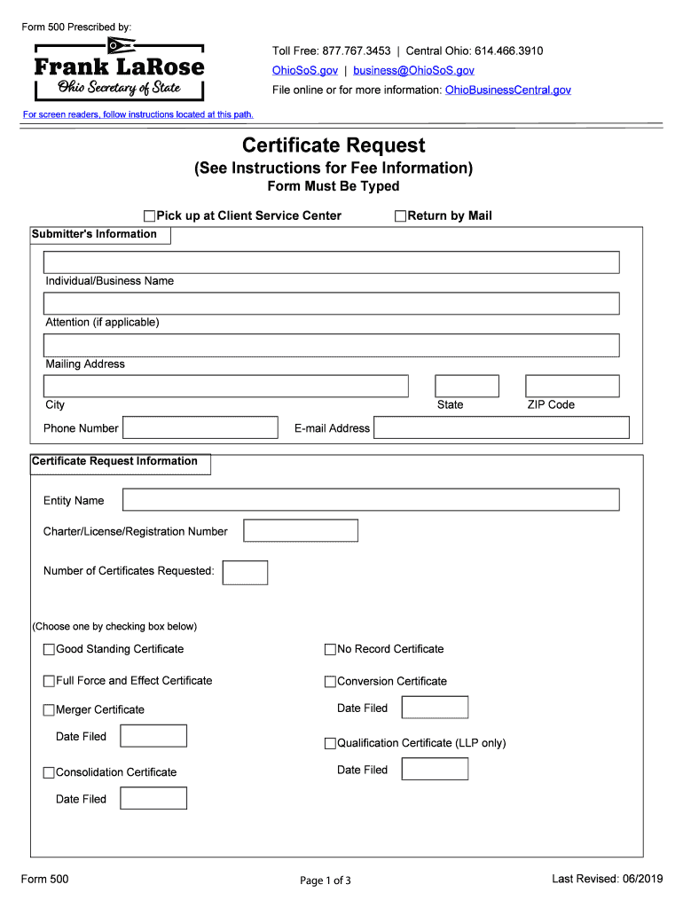 Ohio Certificate Request  Form